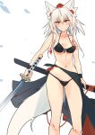  absurdres alternate_eye_color animal_ear_fluff animal_ears bikini black_bikini black_sarong black_wristband breasts feet_out_of_frame front-tie_bikini_top front-tie_top hair_between_eyes hat highres holding holding_sheath holding_sword holding_weapon inubashiri_momiji kakaricho_dairi leaf_print light_smile looking_at_viewer maple_leaf_print medium_breasts navel pom_pom_(clothes) sarong sheath short_hair_with_long_locks standing swimsuit sword tail tokin_hat touhou weapon white_hair wolf_ears wolf_girl wolf_tail yellow_eyes 