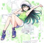  1girl ;d black_hair blue_footwear blush cabbie_hat collared_shirt dead_days e_(eokiba) green_shirt hat heart heart_necklace highres jewelry kamikubo_juria long_hair necklace one_eye_closed open_mouth red_eyes shirt shoes shorts sleeveless sleeveless_shirt smile solo toeless_footwear white_headwear white_shorts 