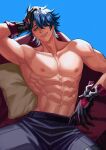  1boy abs arm_up armpits artist_name bare_pectorals belt black_belt black_gloves blue_background blue_hair collarbone eun_se gloves green_eyes hair_over_one_eye hand_in_own_hair highres honkai:_star_rail honkai_(series) looking_at_viewer manspreading muscular muscular_male navel nipples open_hand pants pectorals sampo_koski short_hair sitting smile solo spread_legs topless_male 