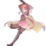  1girl black_footwear black_gloves bodysuit boots breasts cloak crop_top gloves hood hood_down hooded_cloak long_hair looking_at_viewer magia_record:_mahou_shoujo_madoka_magica_gaiden magical_girl mahou_shoujo_madoka_magica pink_eyes pink_skirt pleated_skirt red_hair shimazaki1152 simple_background skirt small_breasts solo tamaki_iroha thigh_boots white_background white_cloak 