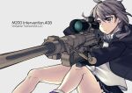  1girl aiming brown_hair girls&#039;_frontline grey_background gun highres m200_(girls&#039;_frontline) miniskirt nakiusagi pleated_skirt purple_eyes rifle scope simple_background skirt sniper_rifle solo thighs weapon 