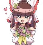  1girl alternate_costume bead_necklace beads black_eyes blunt_bangs blush bouquet bow bright_pupils brown_hair commentary_request cookie_(touhou) dress flower frilled_bow frilled_hair_tubes frills hair_bow hair_flower hair_ornament hair_tubes hakurei_reimu heart holding holding_bouquet jewelry long_hair looking_at_viewer medium_bangs necklace off-shoulder_dress off_shoulder open_mouth pink_flower pink_rose rose rurima_(cookie) sidelocks simple_background smile sn_(zigzagspark6) solo touhou upper_body wedding_dress white_background white_bow white_dress white_pupils yellow_flower yellow_rose 