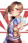  1girl ace_attorney blue_shirt blush brown_eyes brown_hair brown_vest card frown holding holding_card lgw7 long_hair looking_at_viewer penny_nichols shirt simple_background sketch solo standing striped striped_shirt sweatdrop trading_card two-tone_shirt vest walkie-talkie white_shirt 