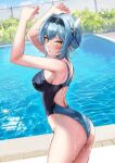  1girl :o arms_up ass black_hairband blue_hair blue_one-piece_swimsuit blush breasts eula_(genshin_impact) genshin_impact hair_between_eyes hair_ornament hairband highres large_breasts looking_at_viewer medium_hair one-piece_swimsuit outdoors pool poolside school_swimsuit shirosaba solo swimsuit thighs water wet yellow_eyes 