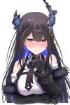  1girl bare_shoulders black_gloves black_hair blue_eyes breasts fur_trim gloves hair_ornament highres hololive hololive_english horns looking_at_viewer mole mole_under_eye necktie nerissa_ravencroft purple_eyes simple_background smile solo suicabar72 virtual_youtuber white_background 