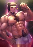  1boy abs animal_ears arm_hair bara bear_boy bear_ears bear_tail beard biceps blush boxer_briefs bulge chest_hair closed_eyes facial_hair flexing highres large_pectorals male_focus male_underwear muscular muscular_male navel navel_hair nipples original pectorals smile solo tail teeth underwear waku_(ayamix) white_male_underwear 