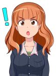  ! 1girl blue_jacket blunt_bangs commentary_request frown girls_und_panzer green_shirt jacket long_hair long_sleeves looking_at_viewer military_uniform ooarai_military_uniform open_mouth orange_eyes orange_hair shirt simple_background solo takebe_saori tanaka_rikimaru uniform upper_body white_background 