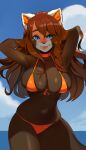  2023 ailurid anthro autumn_(directorscar) big_breasts bikini biped blue_eyes breasts brown_hair clothing female front_view hair hi_res mammal navel orange_bikini orange_clothing orange_swimwear outside pose red_panda smile solo swimwear tailtrance 