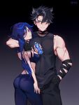  1boy 1girl absurdres alternate_costume ass black_hair breasts chui clorinde_(genshin_impact) drink genshin_impact grey_hair hair_between_eyes highres holding holding_drink long_hair multicolored_hair pants parted_lips purple_eyes scar short_hair smile sports_bra streaked_hair tank_top tight_clothes tight_pants toned wriothesley_(genshin_impact) yoga_pants 