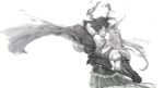  1boy 1girl arm_around_neck arm_around_waist beard braid cape clive_rosfield closed_eyes couple facial_hair final_fantasy final_fantasy_xvi gloves greyscale holding_hands horns jill_warrick monochrome single_braid smile tiara twitter_username zoewingsz 