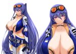  1girl action_taimanin akiyama_rinko blue_hair breasts checkered_flag cleavage flag huge_breasts koneruhaiko long_hair looking_at_viewer official_alternate_costume purple_eyes race_queen smile solo taimanin_(series) taimanin_yukikaze very_long_hair 