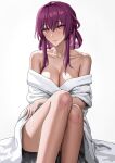 1girl absurdres bare_legs bare_shoulders breasts cleavage commentary feet_out_of_frame grey_background highres honkai:_star_rail honkai_(series) kafka_(honkai:_star_rail) khione_(yukhione) large_breasts legs long_hair looking_at_viewer off_shoulder pink_lips purple_eyes purple_hair robe simple_background sitting smile solo white_robe 
