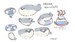  animal_focus chibi commentary fish fluffy grey_background highres innertube kab00m_chuck looking_at_viewer multiple_views no_humans open_mouth original sacabambaspis simple_background translation_request triangle_mouth 