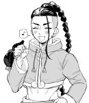  1boy absurdres blush braid braided_ponytail closed_eyes cropped_jacket fang gourd greyscale hand_on_own_hip highres holding_gourd jamie_siu jie_2_3 long_hair male_focus monochrome musical_note navel open_mouth smile solo spoken_musical_note street_fighter street_fighter_6 