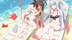  2girls alternate_costume ass barefoot beach beach_chair bikini black_bikini blue_eyes blush bottle breasts brown_hair cleavage crab crossed_legs frown girls&#039;_frontline highres large_breasts lemures long_hair looking_at_viewer lwmmg_(girls&#039;_frontline) m14_(girls&#039;_frontline) multicolored_hair multiple_girls navel on_chair one_eye_closed open_clothes open_shirt outdoors pink_hair sand shirt starfish swimsuit twintails very_long_hair water water_bottle white_hair white_shirt yellow_bikini 