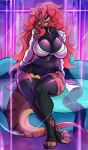  absurd_res anthro big_breasts breasts clothed clothing digital_media_(artwork) eyewear female glasses hair hi_res leonifa looking_at_viewer red_body red_eyes red_hair reptile scalie shihari smile snake solo thick_thighs wide_hips 