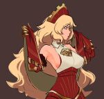  1girl alternate_hair_length alternate_hairstyle armor armpits big_hair blonde_hair breasts brown_background centurii-chan centurii-chan_(artist) colored_eyelashes commentary detached_sleeves english_commentary from_side gold_gloves hairband halterneck highres large_breasts long_hair looking_to_the_side metal_gloves original red_armor red_eyes red_hairband red_sleeves sideboob solo upper_body very_long_hair wide_sleeves 