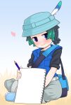  1boy ^^^ bag black_hair black_shirt blue_headwear blue_vest blush booth_tomato commentary crossed_legs green_hair grey_shorts hat hat_feather heart kemono_friends kemono_friends_2 kyururu_(kemono_friends) looking_at_viewer male_focus multicolored_hair pencil purple_eyes shirt shorts shoulder_bag sitting sketchbook smile solo vest 