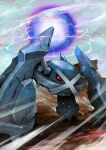  absurdres black_sclera claws colored_sclera commentary denjyou23 energy_ball highres metagross no_humans outdoors pokemon pokemon_(creature) red_eyes signature solo standing 