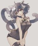  1girl :3 animal_ears bare_arms bare_shoulders bell black_dress black_hair black_thighhighs breasts cat_ears cat_girl cat_tail closed_mouth commentary_request dress grey_background grey_eyes hair_between_eyes head_tilt jingle_bell leaning_forward long_hair looking_at_viewer multiple_tails neck_bell notched_ear original ren-co signature simple_background small_breasts solo tail thighhighs torn_clothes torn_thighhighs two_tails 