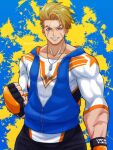  1boy blonde_hair blue_background blue_eyes boxing_gloves epuusa highres jewelry luke_sullivan male_focus muscular muscular_male necklace paint_splatter scar scar_across_eye short_hair smile solo street_fighter street_fighter_6 teeth zipper 