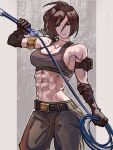  1girl abs brown_eyes brown_hair elbow_gloves femdom gloves highres holding holding_whip looking_at_viewer muscular muscular_female syachiiro tank_top the_king_of_fighters toned whip whip_(kof) 