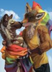  abstract_background absurd_res anthro blue_sky brown_body brown_fur canid canine clothing cloud duo embrace eyes_closed fur hi_res hyena kissing lgbt_pride male male/male mammal neketo pride pride_colors rainbow rainbow_flag rainbow_pride_colors rainbow_pride_flag rainbow_symbol romantic romantic_couple shirt sky smile topwear 