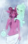  ambiguous_gender anthro blue_eyes blush bubble canid canine duo eyes_closed fur ghost hair hi_res mammal one_eye_closed prsmrti purple_body purple_fur purple_hair shower spirit towel towel_only wet wet_body wet_fur 