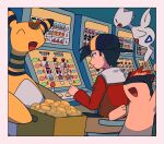  1boy ampharos backwards_hat black_hair black_headwear border coin commentary_request ethan_(pokemon) gambling hat highres indoors jacket long_sleeves male_focus parted_lips pokemon pokemon_(game) pokemon_hgss quilava red_jacket short_hair sitting slot_machine togetic tyako_089 white_border 