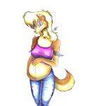  anthro blonde_hair canid canine canis domestic_dog female hair hi_res human humanoid leslie_collie mammal nipple_outline onoteefs pregnant pregnant_female solo 