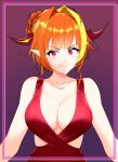  1girl ahoge alternate_costume breasts collarbone dragon_girl dragon_horns dress fang gradient_background hair_bun hair_intakes highres hololive horns jewelry kiryu_coco large_breasts multicolored_hair necklace orange_hair pointy_ears porougon purple_background red_dress red_eyes skin_fang solo streaked_hair upper_body 