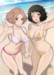  2girls ;d arm_up beach bikini black_hair blue_sky blush breasts brown_eyes brown_hair closed_mouth collarbone day english_commentary hand_up highres kawakami_sadayo large_breasts lepypepy medium_breasts multiple_girls navel ocean okumura_haru one_eye_closed open_mouth outdoors outstretched_arm persona persona_5 pink_bikini selfie short_hair sky smile stomach swimsuit thighs tongue tongue_out v yellow_bikini 
