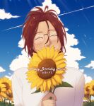  1other blue_sky brown_hair closed_eyes cloud commentary dated flower glasses hange_zoe hanpetos happy_birthday holding holding_flower other_focus ponytail portrait shingeki_no_kyojin sky smile solo sunflower sunlight 