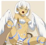  1boy 1girl absurdres bar_censor blunt_bangs blush bodypaint breasts censored clam_curry commentary_request cum feather_magic feathers green_eyes harpy hetero highres medium_breasts medium_hair monster_girl navel open_mouth penis pov sex tail tales_of_(series) tales_of_symphonia tan white_feathers white_hair white_wings winged_arms wings 