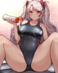  1girl alternate_costume azur_lane bare_arms bare_shoulders black_one-piece_swimsuit blush breasts cameltoe closed_mouth collarbone commentary_request covered_navel duplicate highleg highleg_swimsuit holding kihou_no_gotoku_dmc large_breasts long_hair looking_at_viewer multicolored_hair one-piece_swimsuit pouring pouring_onto_self prinz_eugen_(azur_lane) red_hair sitting solo spread_legs streaked_hair swimsuit thighs white_hair yellow_eyes 