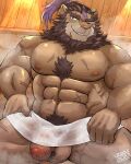  4:5 abs anthro balls body_hair brown_body brown_fur chest_hair felid flaccid foreskin fur genitals hairy hi_res lifewonders lion live_a_hero male mammal mane muscular muscular_anthro muscular_male nude pantherine pecs penis pubes sauna scar solo toshu towel v2wolf 