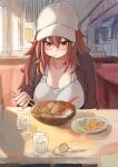  1girl absurdres baseball_cap black_jacket blush breasts character_request chopsticks cleavage collarbone copyright_request cup eating food glasses hair_between_eyes hat highres holding holding_chopsticks indoors jacket large_breasts long_hair looking_at_food looking_down marse_(rokudaime) mole mole_on_breast noodles plate ramen red_hair solo table white_headwear yellow_eyes 