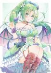  1girl :p absurdres bare_shoulders belt_boots blush boots border breasts card choker demon_girl demon_horns demon_tail demon_wings dress frilled_dress frills green_eyes green_hair hair_ornament high_ponytail highres higurashi_no_naku_koro_ni holding_own_tail horns jewelry looking_at_viewer outside_border playing_card ponytail red_choker red_footwear ring sitting solo sonozaki_mion star_(symbol) star_hair_ornament sweet_miuk_tea tail tongue tongue_out white_border wings wrist_cuffs 