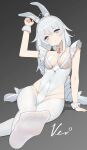  +_+ 1girl absurdres ahoge animal_ears arm_support artist_name azur_lane blue_eyes bow braid breasts choker closed_mouth covered_navel expressionless fake_animal_ears feet foot_focus gradient_background grey_background grey_hair hair_bow head_tilt highres le_malin_(azur_lane) le_malin_(listless_lapin)_(azur_lane) low_twin_braids medium_breasts no_shoes nontraditional_playboy_bunny o-ring o-ring_choker official_alternate_costume pantyhose rabbit_ears signature sitting soles solo toes twin_braids veco white_bow white_choker white_pantyhose wrist_cuffs 