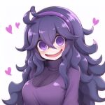 @_@ ahoge ai-assisted blush dress hairband heart hex_maniac_(pokemon) highres long_hair open_mouth pale_skin pokemon pokemon_(game) pokemon_xy purple_dress purple_eyes purple_hair smile spazzmo very_long_hair 