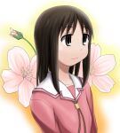  1girl arms_at_sides azumanga_daioh azumanga_daioh&#039;s_school_uniform breasts brown_eyes brown_hair brown_ribbon cherry_blossoms close-up closed_mouth commentary floral_background flower from_side gradient_background highres kasuga_ayumu light_smile looking_afar looking_ahead medium_hair morichan neck_ribbon pink_flower pink_serafuku pink_shirt portrait ribbon sailor_collar school_uniform serafuku shirt small_breasts smile solo upper_body white_background white_sailor_collar winter_uniform yellow_background 
