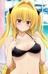  1girl bare_shoulders black_bra blonde_hair blush bra breasts cleavage collar collarbone hair_ornament highres jampen konjiki_no_yami long_hair looking_at_viewer medium_breasts navel red_eyes solo to_love-ru to_love-ru_darkness two_side_up underwear very_long_hair 