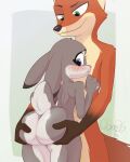  2023 anthro big_butt blush blush_lines bubble_butt butt butt_grab canid canine clone26 duo ears_down embarrassed female fox fur grey_body grey_fur hand_on_butt hand_on_chest hi_res lagomorph leporid looking_at_butt looking_at_self male male/female mammal nude orange_body orange_fur pivoted_ears rabbit red_fox size_difference 