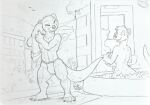  2023 ambient_bird anthro avian bathing bathtub bird black_and_white breasts building claws clothing drying_face duo eyes_closed female graphite_(artwork) looking_at_another male mammal monochrome mustelid nude otter outside pencil_(artwork) plant rick_griffin side_boob towel traditional_media_(artwork) underwear wet wet_body window 