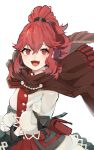  1girl :d anna_(fire_emblem) capelet dress fire_emblem fire_emblem_engage gloves high_ponytail highres long_hair long_sleeves looking_at_viewer open_mouth ponytail red_eyes red_hair smile solo white_background yachimata_1205 