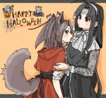  2girls alternate_costume animal_ears bandaged_head bandages black_hair blush brown_eyes brown_hair closed_mouth dress hair_ribbon halloween halloween_costume happy_halloween hinata_hibari hood hood_down kantai_collection long_hair long_sleeves mouth_hold multiple_girls ponytail ribbon shouhou_(kancolle) tail yuri zuihou_(kancolle) 