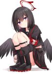  1girl armpits black_footwear black_gloves black_hair black_sailor_collar black_serafuku black_shirt black_skirt black_socks black_wings blue_archive blush feathered_wings fingerless_gloves full_body gloves hair_between_eyes halo highres hugging_own_legs kinona knees_up loafers long_sleeves mashiro_(blue_archive) pleated_skirt puffy_long_sleeves puffy_sleeves purple_eyes safety_pin sailor_collar school_uniform serafuku shadow shirt shoes simple_background skindentation skirt sleeves_past_wrists socks solo squatting white_background wings 