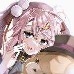  1girl blue_eyes blurry eiyuu_densetsu hair_ornament hairclip hajimari_no_kiseki hat looking_at_viewer nadia_rayne natsusechoco open_mouth pink_hair pom_pom_(clothes) smile stuffed_animal stuffed_toy teddy_bear top_hat twintails 