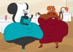  2015 anthro belly beverage big_belly big_breasts big_butt blue_eyes bovid bovine breasts butt camille_(satsumalord) candle cattle clothing container copyright_symbol cup digital_media_(artwork) dress drinking_glass duo female footwear furniture glass glass_container glass_cup hair high_heels horn huge_breasts huge_butt huge_thighs jacket jen_(bludgeonwarrior) mammal mephitid name_tag obese obese_anthro obese_female open_mouth orange_hair overweight overweight_anthro overweight_female satsumalord skunk symbol table text thick_thighs topwear white_hair wide_hips wine_glass 