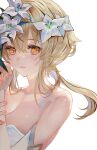  1girl bare_shoulders blonde_hair breasts cleavage commentary detached_sleeves flower genshin_impact hair_between_eyes hair_flower hair_ornament hands_up highres holding holding_flower long_hair looking_at_viewer lumine_(genshin_impact) orange_eyes parted_lips samo_cha simple_background solo upper_body white_background white_flower white_sleeves 